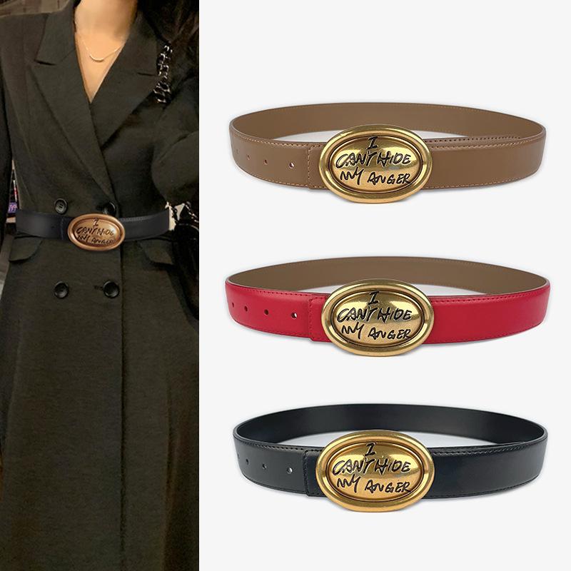 Cowhide Leather Women'S Belt Wide Version Jeans Coat High-End Women'S Leather Bandwidth 3.3Cm