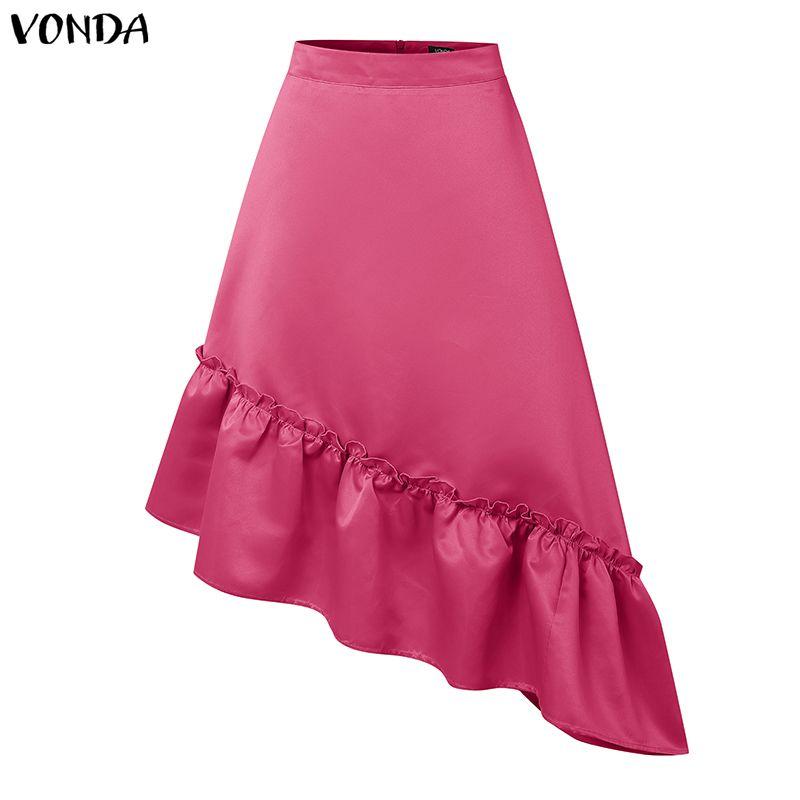 VONDA Women Back Zip-up Waist Smooth Ruffled Irregular Casual Thin Skirts Dress