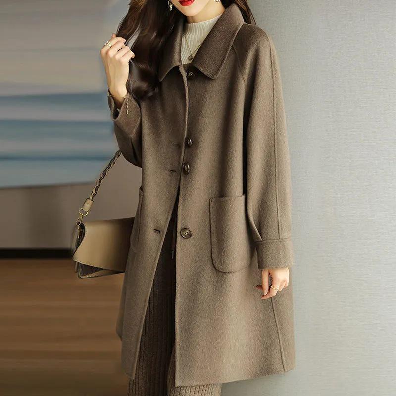 2026 Women's Petite Plus Woolen Coat - Autumn/Winter, Thickened, Slimming, Korean Style, Mid-Length Overcoat
