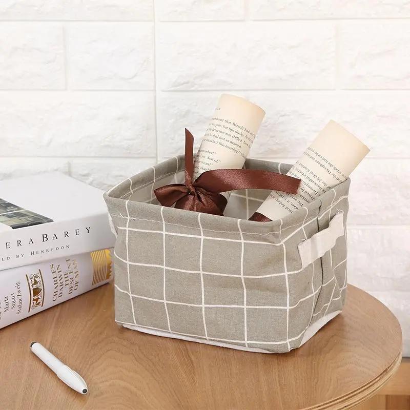 Simple Style Rectangular Desktop Storage Box Grid Stripe Printing Pattern Storage Box With Handle Waterproof Fabric Storage Box