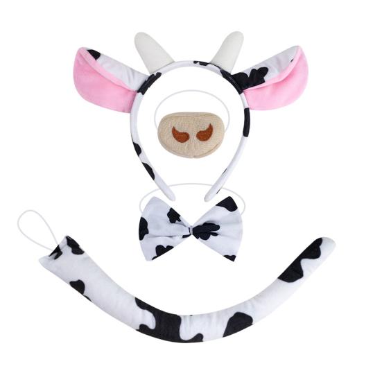 Cow Ears Hair Hoop Set with Bendable Tail Adults Teens Farm Animal Costume Set Black White Cow Accessories