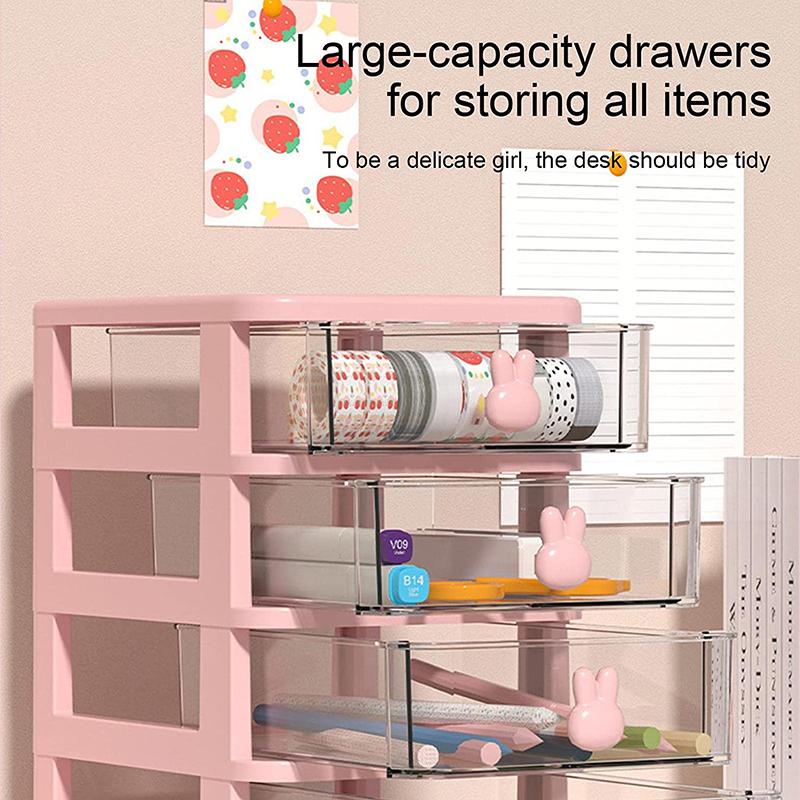 Cartoon Desktop Storage Box Transparent Pink Drawer Desk Plastic Mini Storage Box Rabbit Stationery Makeup Organizaation