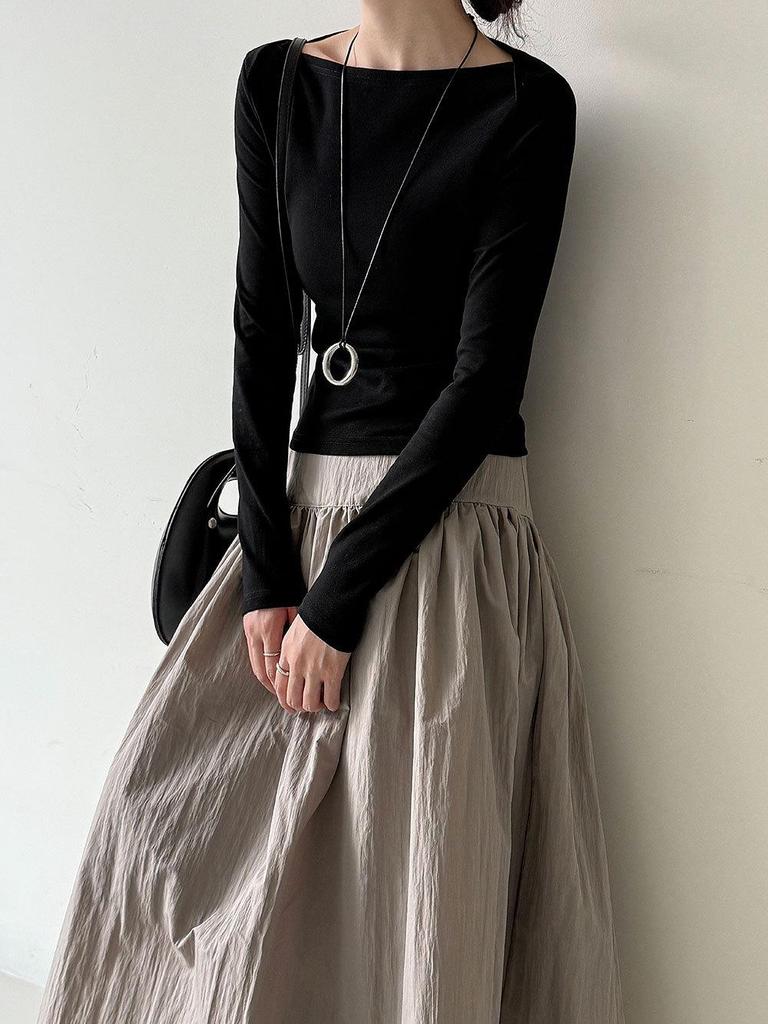 Lu Xi Retro High-Intellect Boat Neck Slim Fit Long Sleeve Top for Women - Autumn Edition
