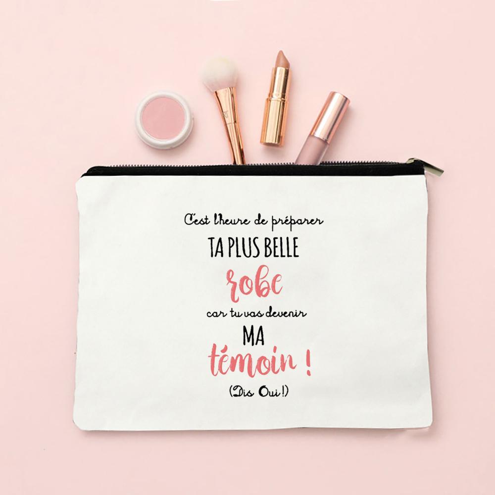 Do You Want To Be My Witness French Print Makeup Bag Female Neceser Toiletry Storage Linen Zipper Bags Wedding Gift for Witness