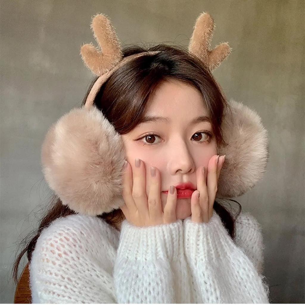 Autumn and winter antler reindeer earmuffs foldable plush thickened warm windproof outdoor portable earbags