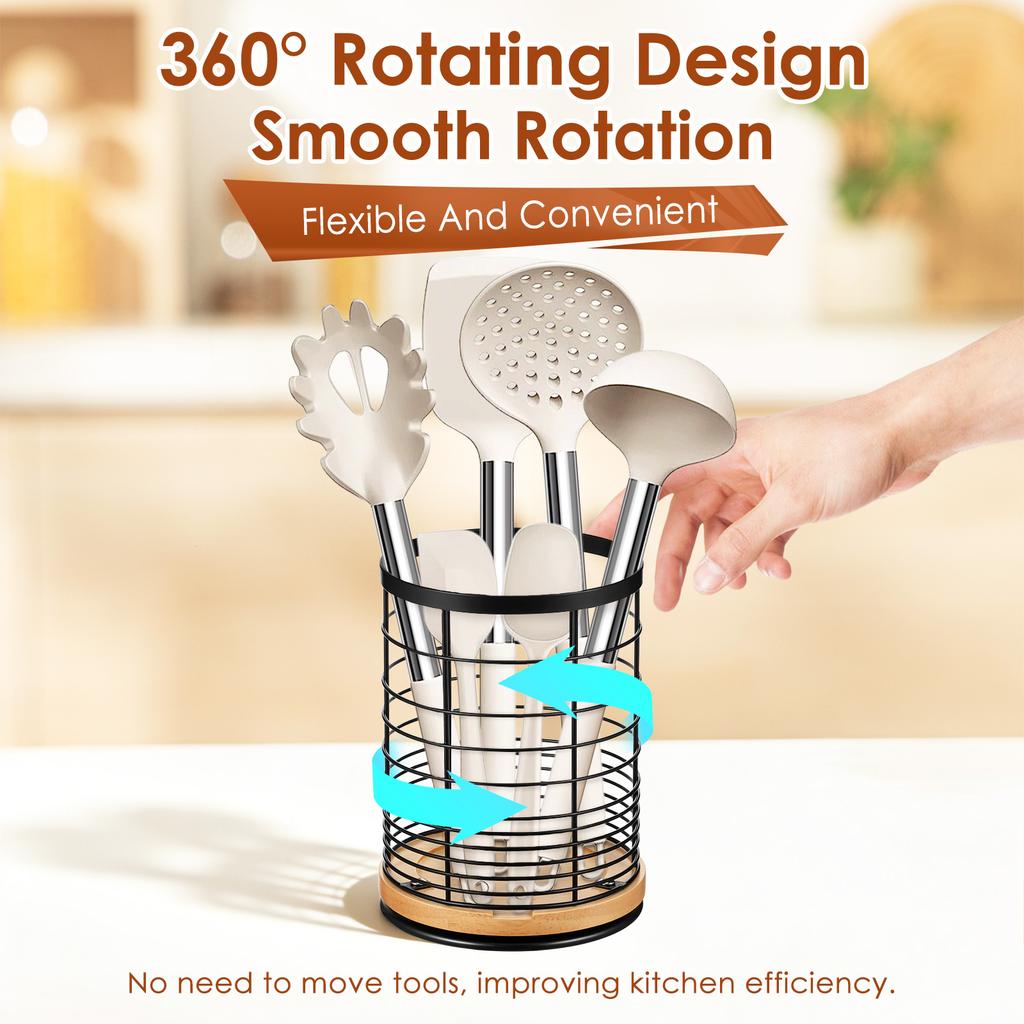 360° Rotating Utensil Holder Metal Kitchen Counter Storage Rack Spatula spoon Tableware Kitchenware Organizer Caddy