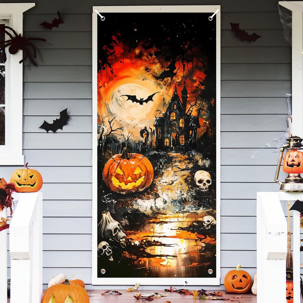 Halloween Horror Door Banner Long Haired Skeleton Ghost Haunted House Entrance Decor Spooky Theme Party Courtyard Ornament