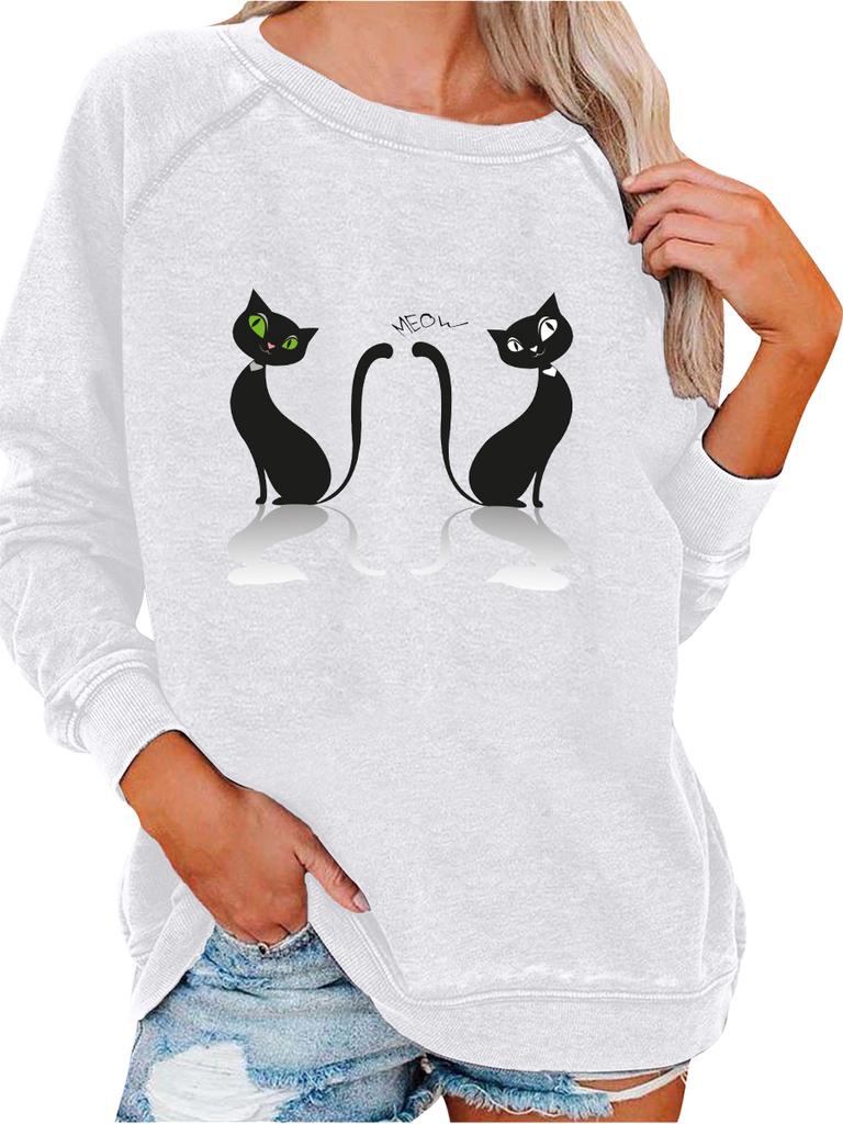 Ladies Spring/Fall Sweatshirt Women's Fashion Cat Print Top Oversized Pullover Sweatshirt