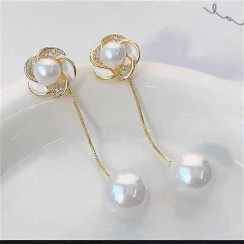 Elegant Rhinestone Flower Pearl Tassel Earrings for Women - Convertible Wear