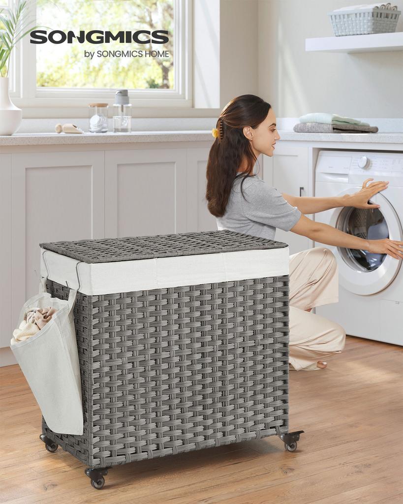 SONGMICS Laundry Basket, Handwoven Laundry Hamper, 140L Rattan-Style Washing Basket with 3 Compartments, Removable Liner, Handles, Lid, Living Room