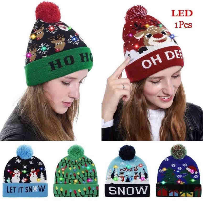 Christmas Lighted Knit Cap Flange Ball Knit Cap LED Colorful Cap Adult Child Hat Letter Pattern