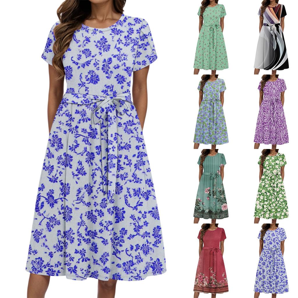 Women's Summer Fashion Round Neck Casual Plant Floral Print Short Sleeve Dress