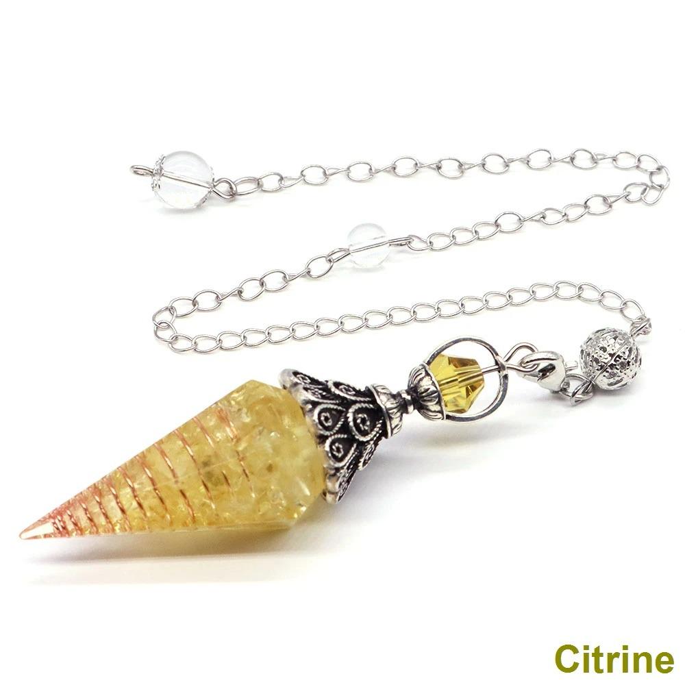 Antique Silver Seven Chakra Crystal Pendulum with Semi-Precious Chips and Resin Hexagonal Cone Pendant