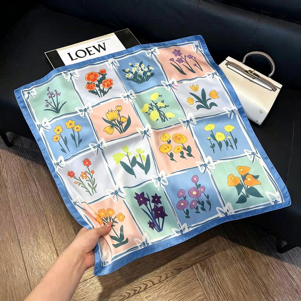 Sen green flower print fresh imitation silk scarf premium versatile square scarf neck protection scarf trendy headscarf scarf women