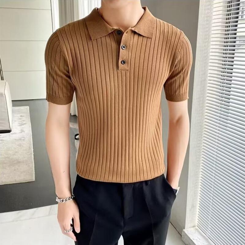 Men s Black Vertical Rib Knit Polo Collar 3 Buttons Short Sleeve Slim Fit Polo Shirt M коричневый