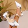 Women's Elegant White Satin High Heel Pumps Fashion Crystal Decor Party Dress Shoes Woman Pointed Toe Ankle Strap Stiletto Pumps
