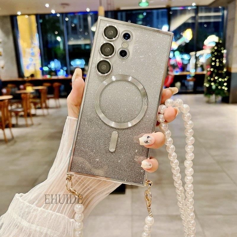 Case For Samsung Galaxy A16 A36 A06 A55 A35 A15 A25 A05 A05S Magsafe Magnetic Pearl Crossbody Cord Lanyard Strap Glitter Cover