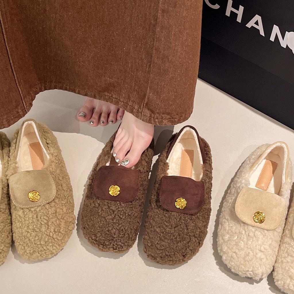 French two-wear all-inclusive fluffy shoes for women's outer wear 2025 new autumn and winter one-pedal versatile velvet cotton shoes Doudou shoes