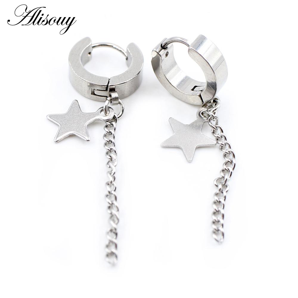 Alisouy 2PCS Stainless Steel Star Cross Snake Spike Skull Sword Blade Chain Feather Spider Dangle Women Men Huggie Hoop Earrings