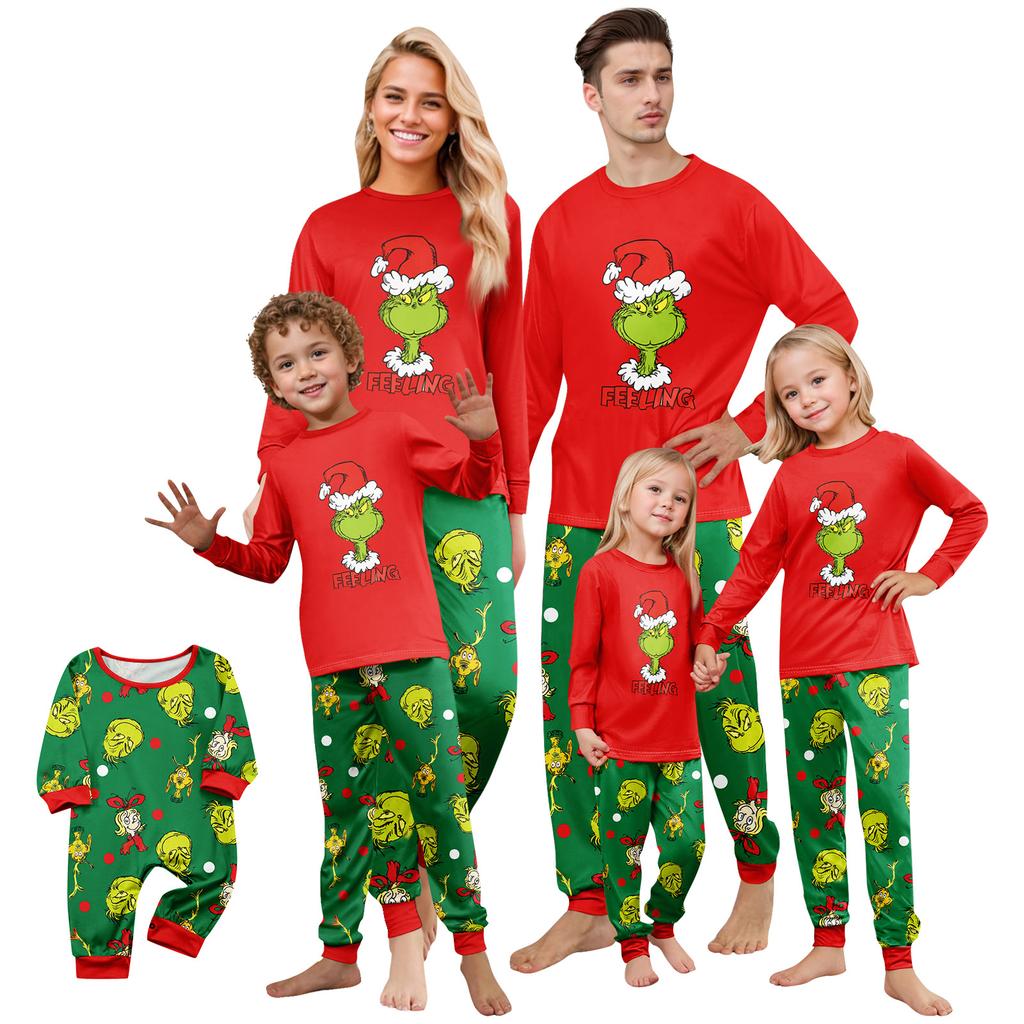 Matching Family Printed Neck Long Sleeve and Long Pants Loungewear Set