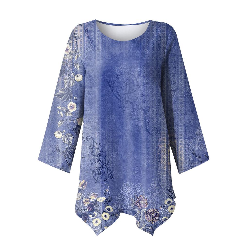 Dame Mote Retro Trykk Rund Hals Ni Kvart Erme Uregelmessig Kant T-skjorte Topp