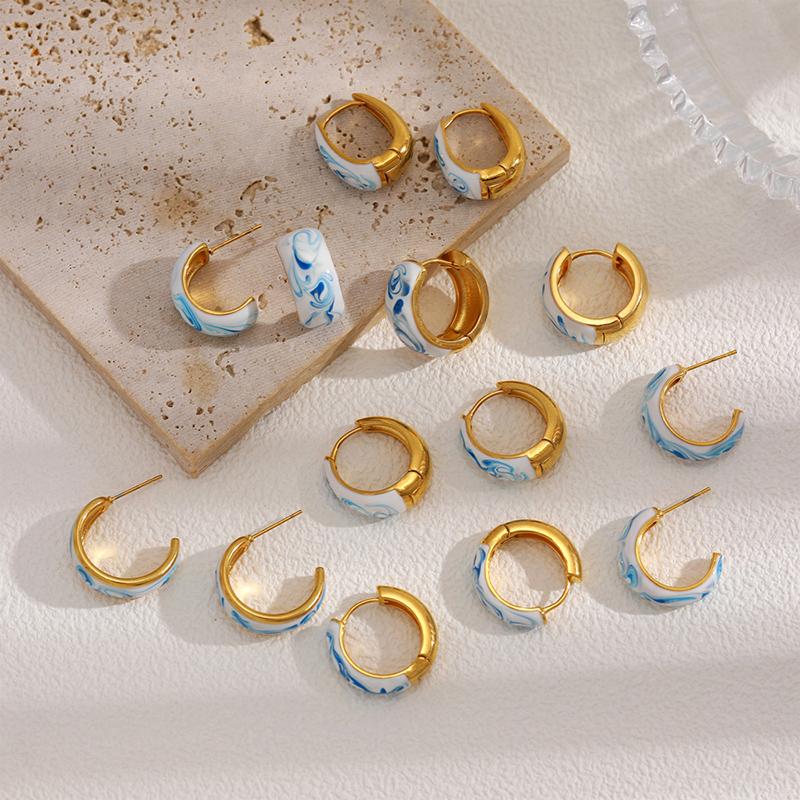 Blue Flower Enamel Drip Oil Earrings Vintage Blue White Porcelain Earrings Chinese Style Copper Irregular Earrings