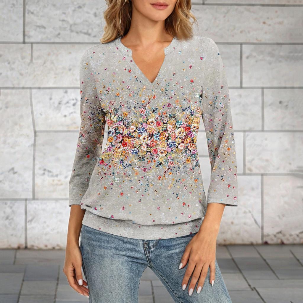 Damen 3/4-Ärmel Oberteil Hals Saum V-Ausschnitt Sommer Freizeit T-Shirt Vintage Bedrucktes Oberteil