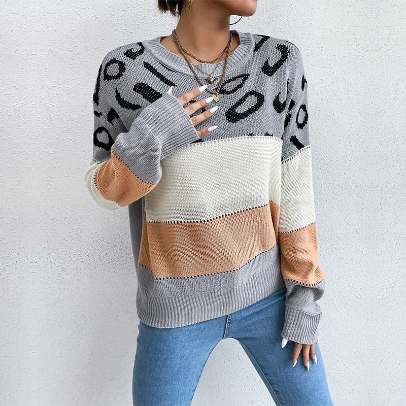 Vintage Fashion Elegant Casual Autumn and Winter Women's Long-sleeved Leopard Hit Color Knitted Sweater