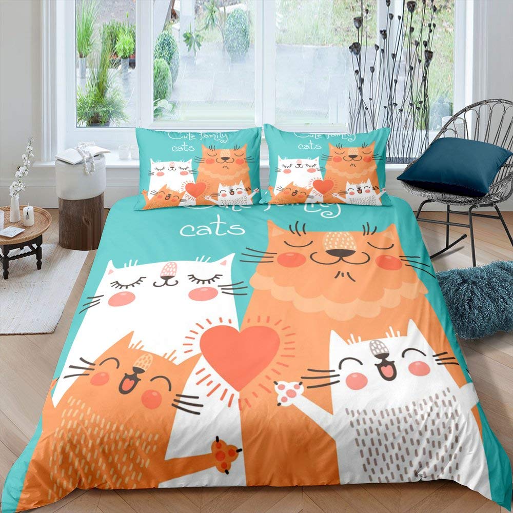 Cartoon Cat Duvet Cover for Kids Black Grey Girls Boys Cats Drawing Pattern On White with Fish Print for Child Room Decoration
