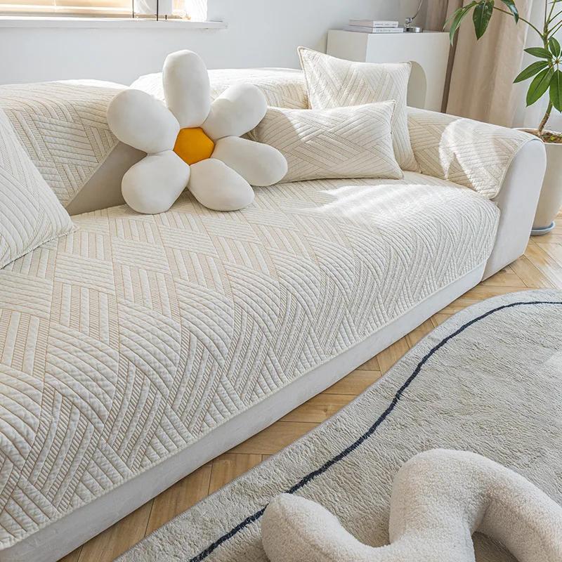 Blue Washed Cotton Sofa Cushion Solid Color Anti Slip Jacquard Couch Cover Beige Modern All-season Universal Cover Cloth Towel