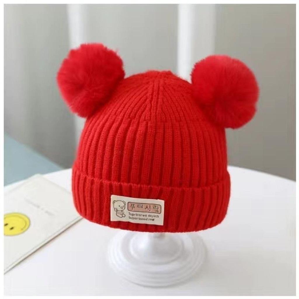 Baby hat autumn and winter fleece thickened knitted hat bear cute super cute baby wool hat men's and women's hat Korea