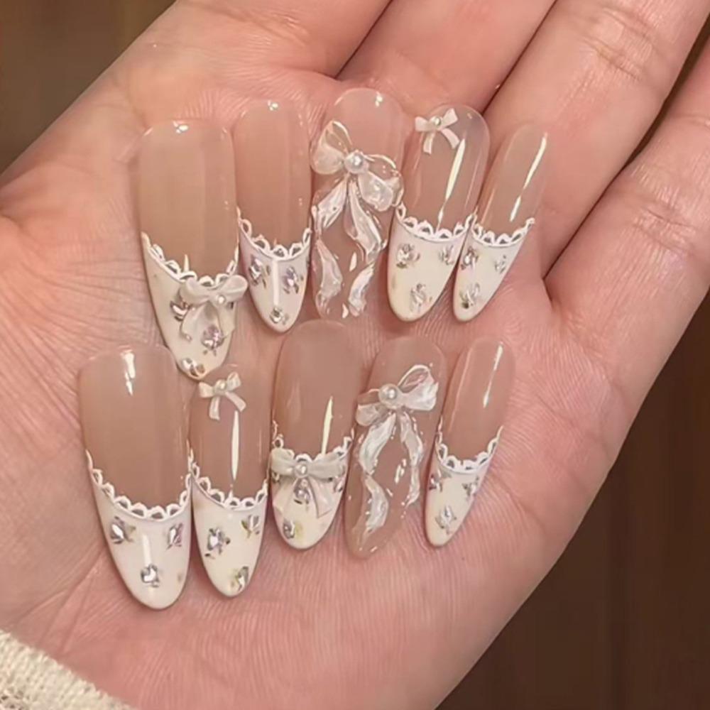 Manicure Long Almond False Nails French Detachable Press on Nails Nail Tips Women