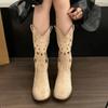 Women Boots Retro Suede Casual Boots Chunky Heels Cowboy Boot Classic Embroidery Western Boots for Women Hollow-out Design Boot
