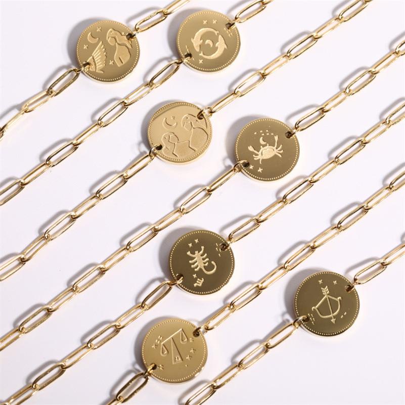 New Handmade Engraved 12 Constellation Pattern Symbol Bracelet Waterproof Hypoallergenic Paper Clip Chain Zodiac Sign Bracelets