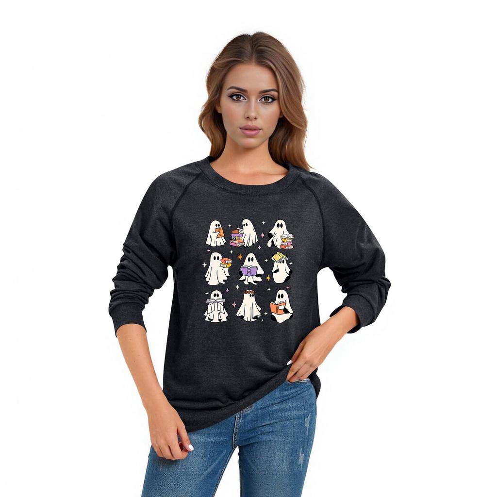 Damen Casual Raglan O-Ausschnitt Langarm Halloween Print Oberteil