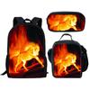 Klassisch Neuheit Lustig Cool Feuer Verrücktes Pferd 3D-Druck 3 Stück/Set Pupille Schultaschen Laptop Tagesrucksack Rucksack Lunchtasche Federmäppchen