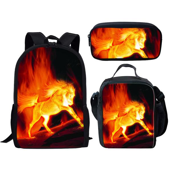 Klassiek Nieuwigheid Grappig Cool Vuur Gek Paard 3D Print 3 stuks/Set leerling Schooltassen Laptop Dagrugzak Rugzak Lunchtas Etui