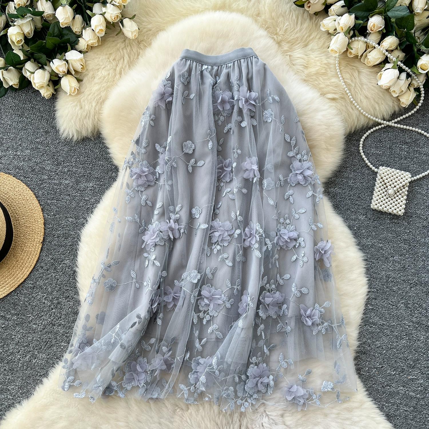 

Летняя женская сетчатая вышитая 3D-цветочная юбка с высокой талией и длинным миди-тюлем One Size серый