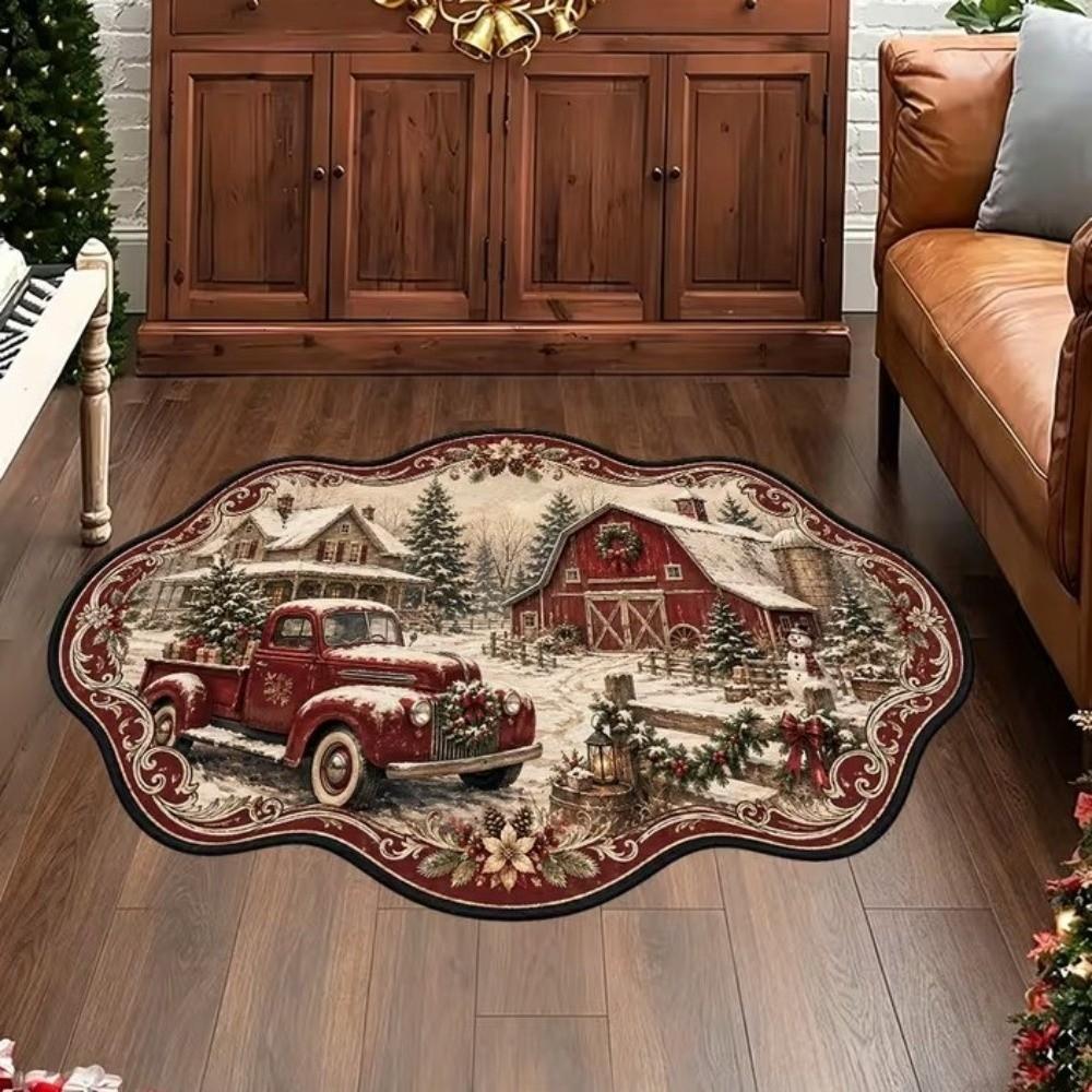 Non-Slip Reindeer Print Rug Imitation Cashmere Entryway Mat Christmas Irregular Rug Christmas