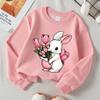 Kids Crewneck Sweatshirt, Cute White Rabbit Holding Pink Tulips Bouquet Print, Soft Casual Pullover for Fall Winter
