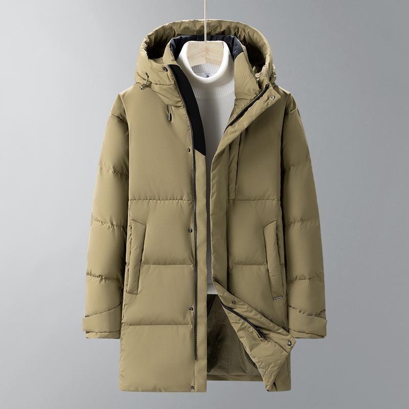 Men's Mid-Length Hooded Black Down Jacket - Thickened Winter White Duck Down Coat for Warmth
