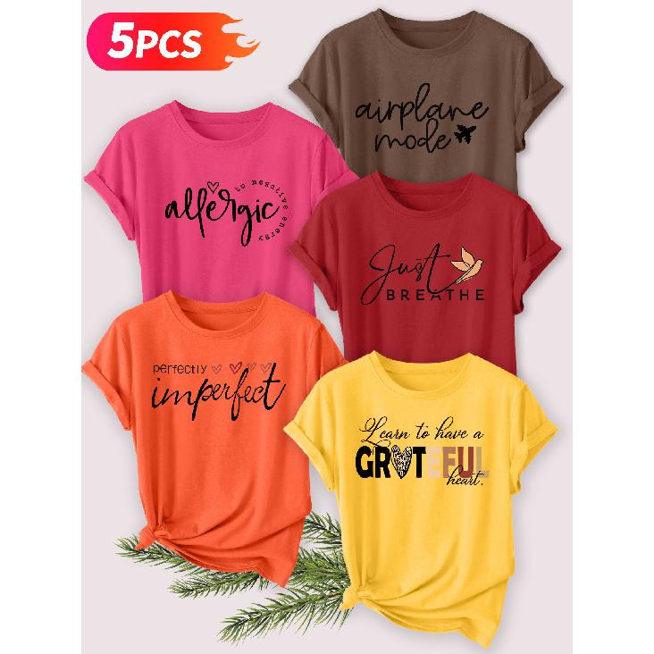 Five-piece set Elegant short-sleeved shirt for women Healing English short-sleeve women's t-shirt with heart leopard print letter combination, round