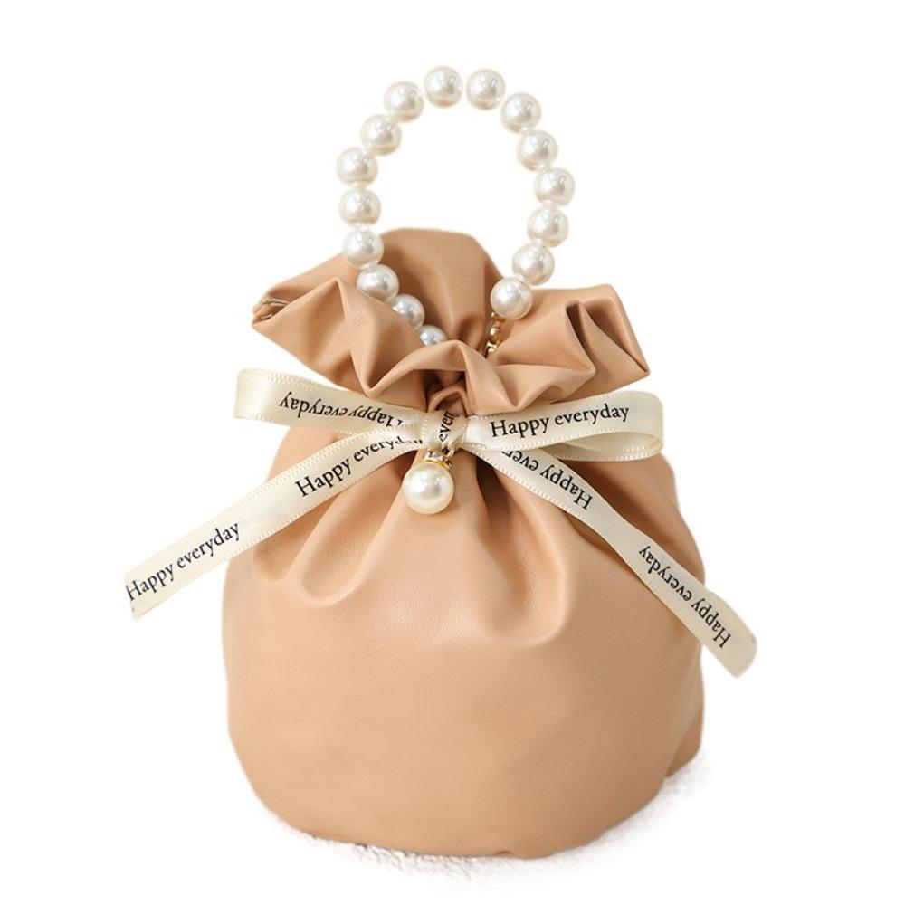 Solid Color PU Drawstring Bag Storage Bag Wedding Candy Bag Pearls Handle Wrist Bag  Festival