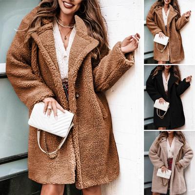 Women Jacket Lapel Solid Color Open Stitch Double-sided Plush Coat Loose Thermal Mid Length Long Sleeved Commuting Dating Spring Fall Winter Coat