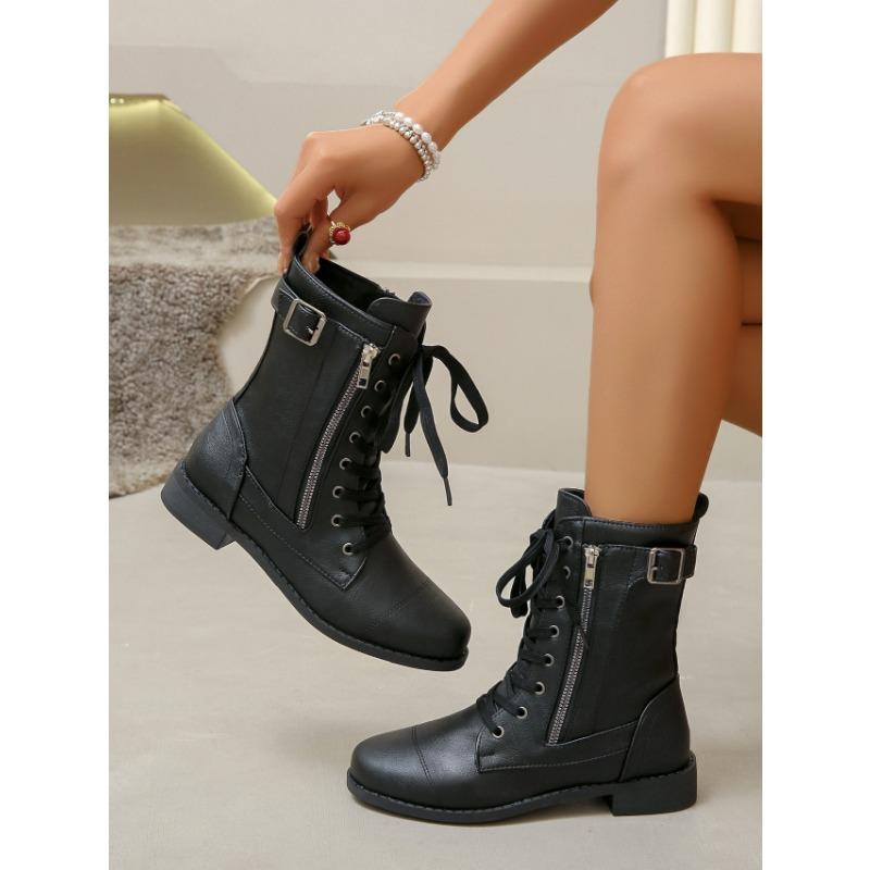 Martin Boots Autumn and Winter Flat Large Size Belt Buckle Low Heel Short Boots Women
