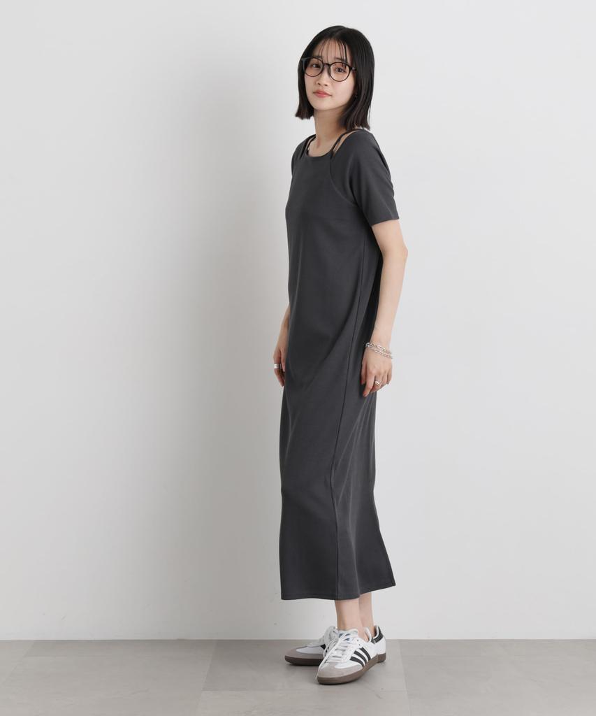 Neck Ribbed Cut Dress for Size 023 [Nano Universe] Layered-Like Women, F, Charcoal, 673-6119323