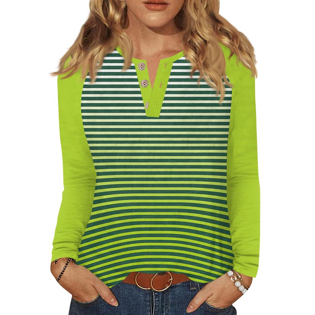 Damen T-Shirt Print Knopf Langarm Täglich Wochenende Mode Basic V-Ausschnitt Regulär Oberteil