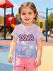 Little Girls Graphic Tee, Cute Pink Diva Word On Holographic Marble Texture Allover Print Casual Short Sleeve T-Shirt