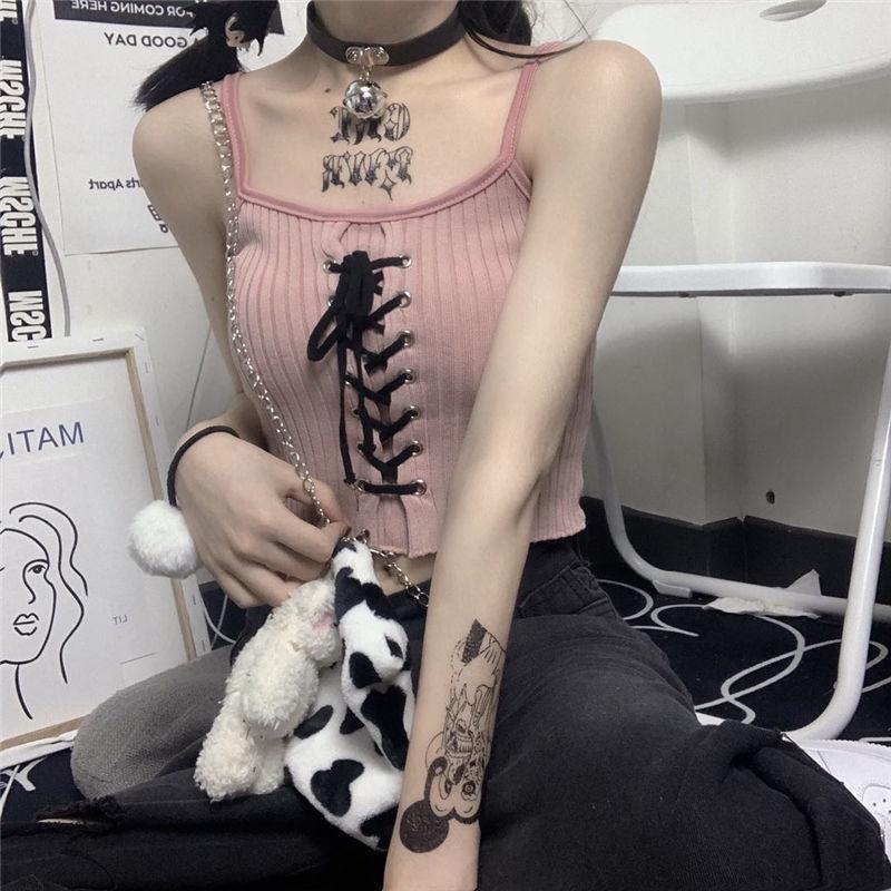Gothic Grunge Y2k Crop Top bez zad Rukávový Dámský Kawaii Roztomilý Bílý Pletený Tílka Tank Topy Letní Móda Vesta Dámské Šněrovací Oblečení