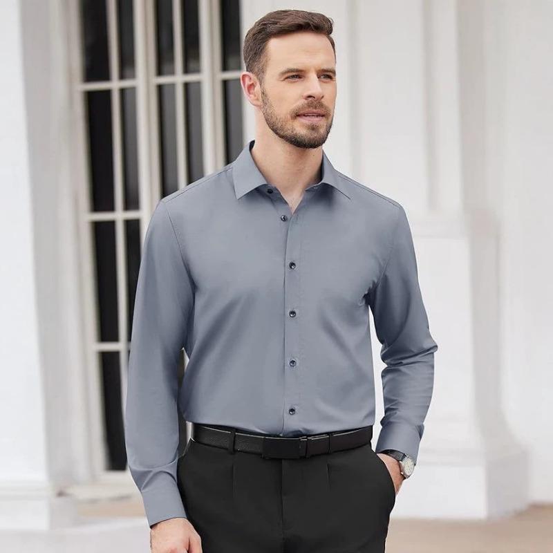 Men S Long Sleeve Formal Shirt Solid Color Stretch Black Buckle No Iron Wrinkle Resistant